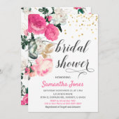 Moderne Roze Blush Pioenrozen Bruidsuitnodiging Kaart (Voorkant / Achterkant)