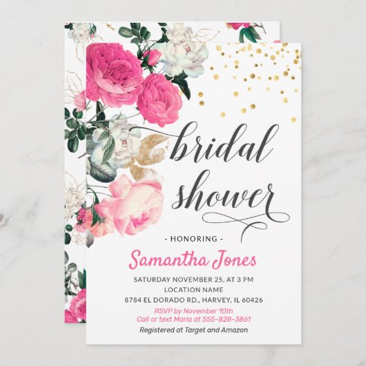 Moderne Roze Blush Pioenrozen Bruidsuitnodiging Kaart (Voorkant / Achterkant)