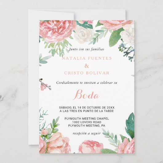 Moderne Roze Blush Tropische Bloemen Bruiloft Kaart (Voorkant)