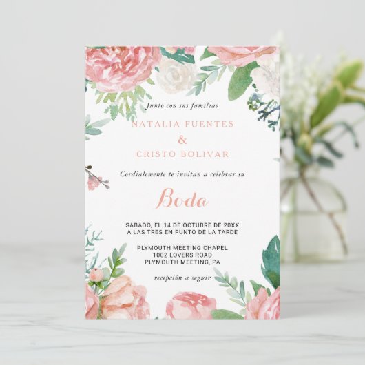 Moderne Roze Blush Tropische Bloemen Bruiloft Kaart (Staand voorkant)