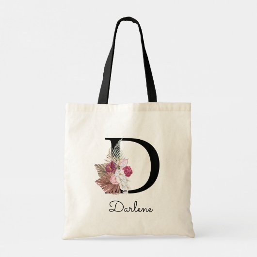 Moderne Roze Boho Bloem Initial D Tote Bag (Achterkant)