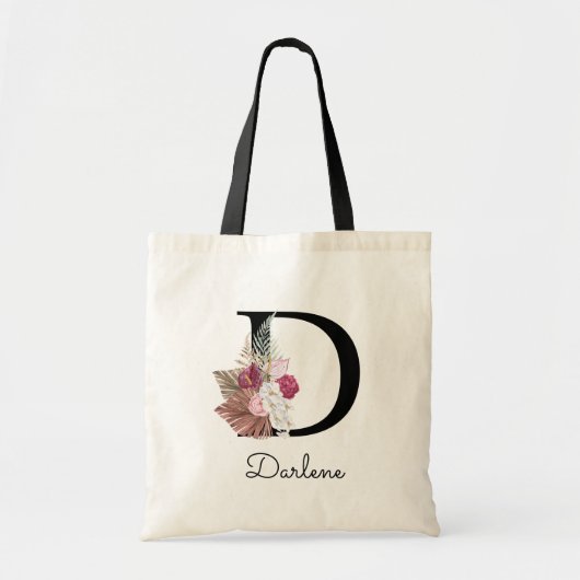 Moderne Roze Boho Bloemige Initiaal D Tote Bag (Voorkant)