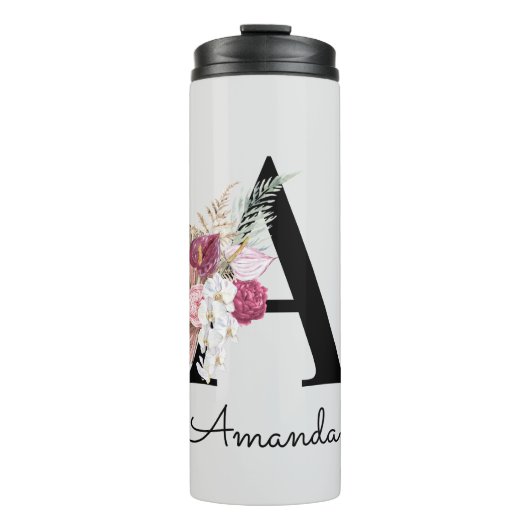 Moderne Roze Boho Bloemige Initiële A Thermosbeker (Voorkant)