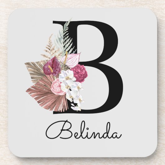 Moderne Roze Boho Initiaal B met Monogram Bier Onderzetter (Voorkant)