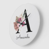 Moderne Roze Boho Meisjesachtig Bloem Initial A Grote Klok (Hoek)