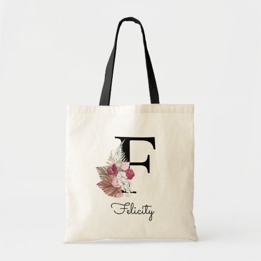 Moderne Roze Boho Meisjesachtig Bloem Initial F Tote Bag (Voorkant)