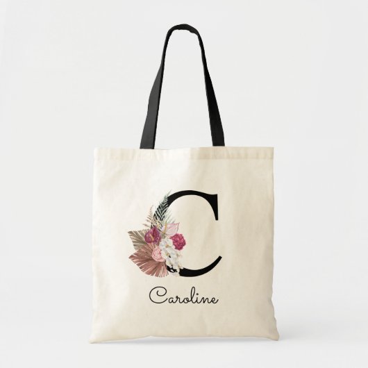 Moderne Roze Boho Meisjesachtige Bloem Initial C Tote Bag (Voorkant)