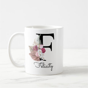 Moderne Roze Boho Meisjesachtige Bloem Initial F Koffiemok