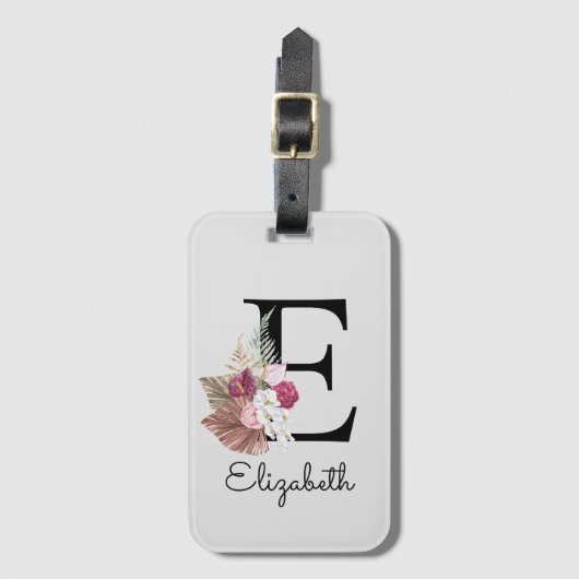 Moderne Roze Boho Meisjesachtige Bloem Initialen E Bagagelabel (Voorkant (verticaal))