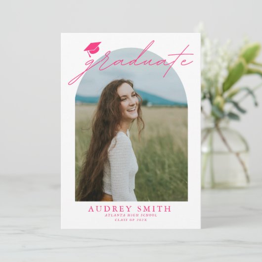 Moderne Roze Boog 6 foto's Afstudeeraankondiging Kaart (Staand voorkant)