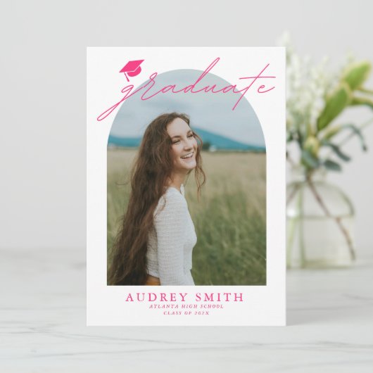 Moderne Roze Boog 6 Foto's Afstuderen Aankondiging (Staand voorkant)