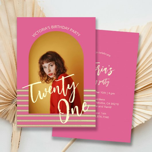 Moderne Roze Boog Foto 21ste Verjaardagsfeest Kaart