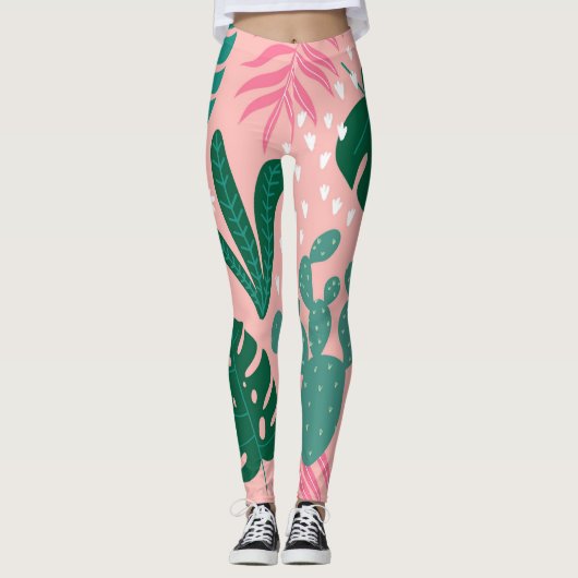 Moderne roze botanische print actief draag leggings (Voorkant)