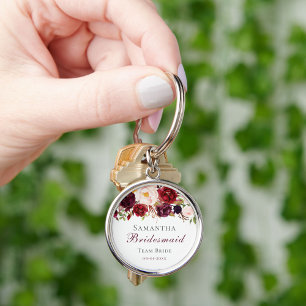 Moderne roze Bourgogne Floral Bridesmaid Metal Key Sleutelhanger