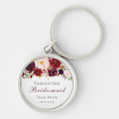 Moderne roze Bourgogne Floral Bridesmaid Metal Key Sleutelhanger (Voorkant)