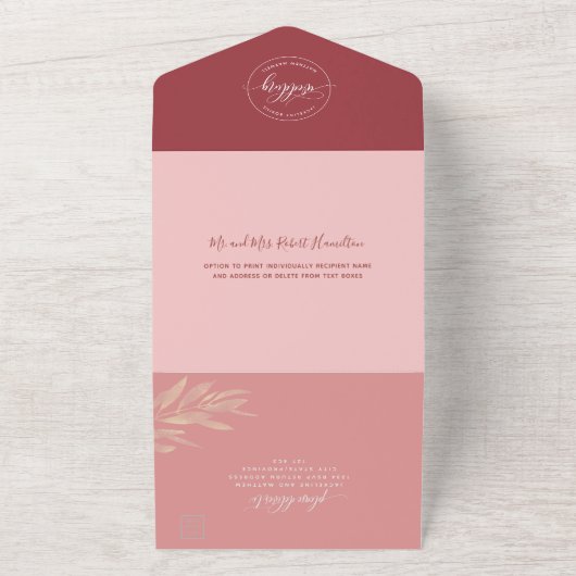 Moderne Roze Bourgogne Trouw met Geperforeerde RSV All In One Uitnodiging (Buitenkant)