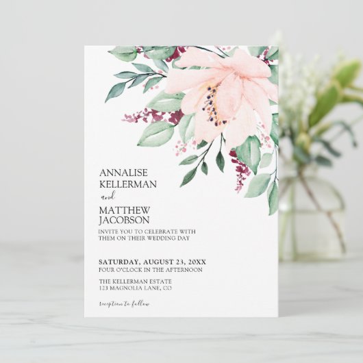 Moderne roze Bourgondische bloemenbruiloft Kaart (Staand voorkant)