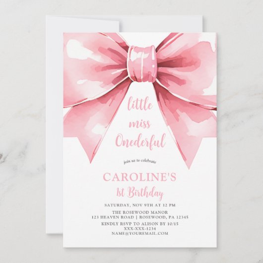 Moderne Roze Bow Baby Meisje Eerste Verjaardag Kaart (Voorkant)