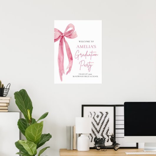 Moderne Roze Bow Coquette Afstudeerfeest Welkom Poster (Thuiskantoor)