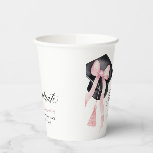 Moderne Roze Bow Coquette Graduation Cap Afstudere Papieren Bekers (Links)