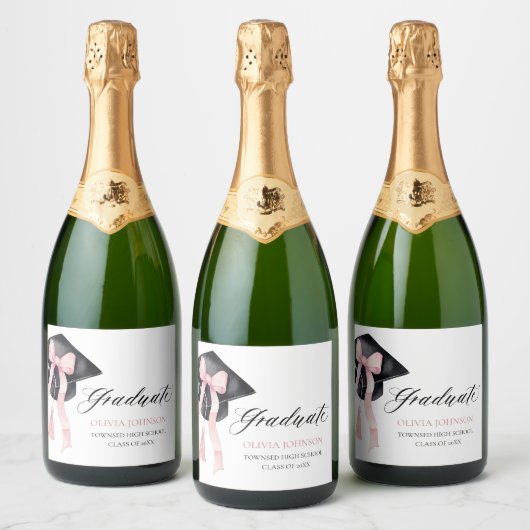 Moderne Roze Bow Coquette Graduation Cap Afstudere Sparkling Wijnetiket (Flessen)