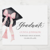 Moderne Roze Bow Coquette Graduation Cap Afstudere Sparkling Wijnetiket (Enkel label)