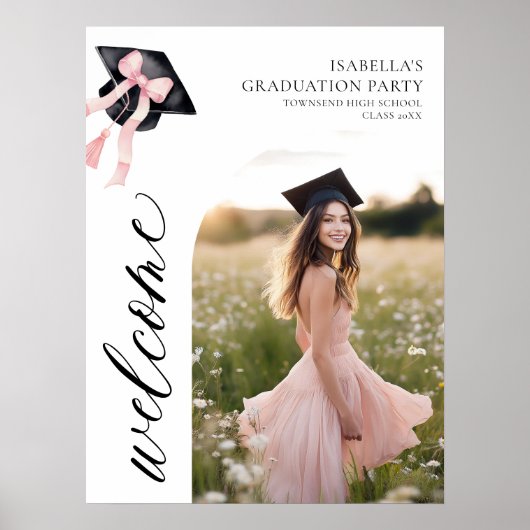 Moderne Roze Bow Coquette Graduation Cap Welkom Poster (Voorkant)