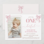 Moderne Roze Bow Foto Onederful 1e verjaardag Kaart (Voorkant / Achterkant)
