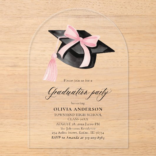 Moderne Roze Bow Graduation Cap Afstuderen Arch Acryl Uitnodigingen (Voorkant)