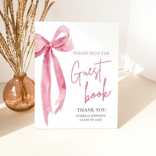 Moderne Roze Bow Graduation Party Gastboek Teken Reclamebord Met Voetstuk