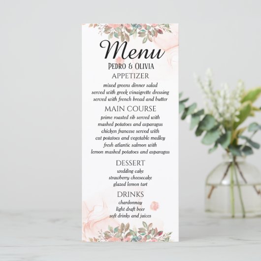 Moderne roze bruiloft menu (Staand voorkant)