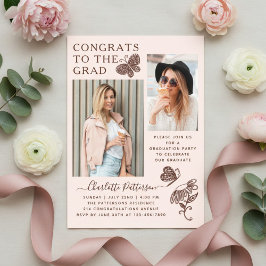 Moderne roze bruine vlinder foto afstudeerfeest acryl uitnodigingen