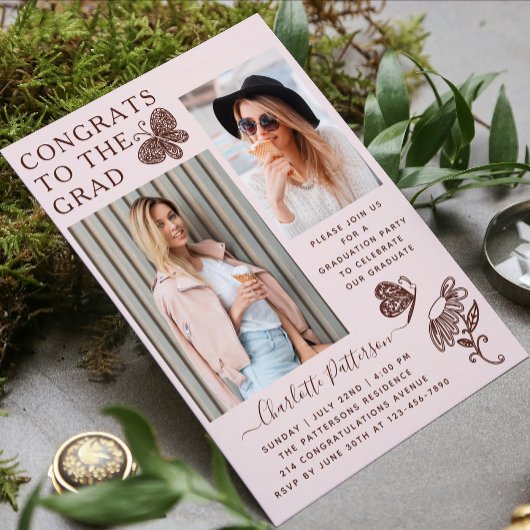 Moderne roze bruine vlinder foto afstudeerfeest kaart