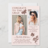Moderne roze bruine vlinder foto afstudeerfeest kaart (Voorkant)