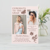 Moderne roze bruine vlinder foto afstudeerfeest kaart (Staand voorkant)