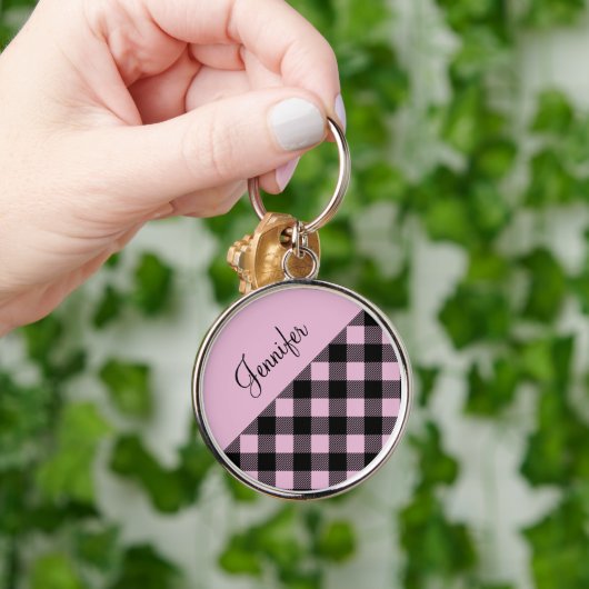 Moderne roze buffelplaat Check Patroonnaam Sleutelhanger (Hand)