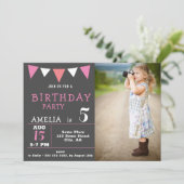 Moderne Roze Bunting Vlaggen Foto Verjaardagsfeest Kaart (Staand voorkant)