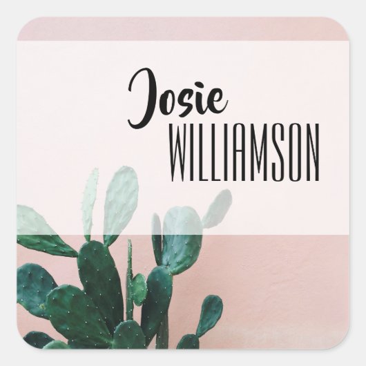 Moderne roze cactus vierkante sticker (Voorkant)