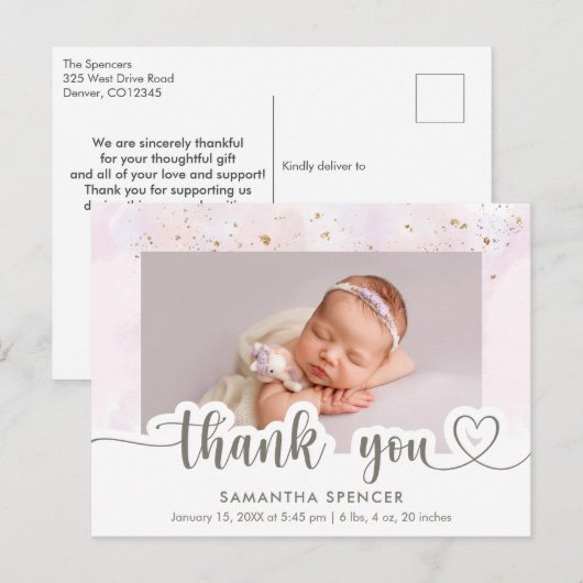 Moderne Roze Calligrafie Foto Baby Meisje Bedankt Briefkaart (Voorkant / Achterkant)