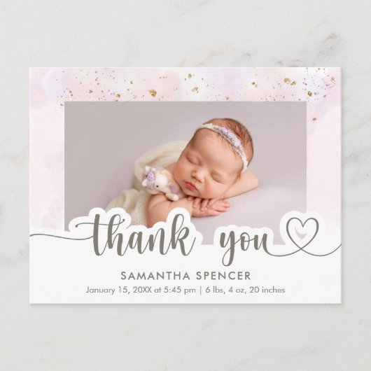 Moderne Roze Calligrafie Foto Baby Meisje Bedankt Briefkaart (Voorkant)