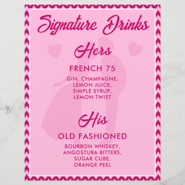 Moderne Roze Chevron Handtekening Dranken Trouwfee (Voorkant)