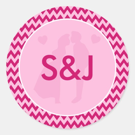 Moderne Roze Chevron Monogram Huwelijk Ronde Sticker (Voorkant)