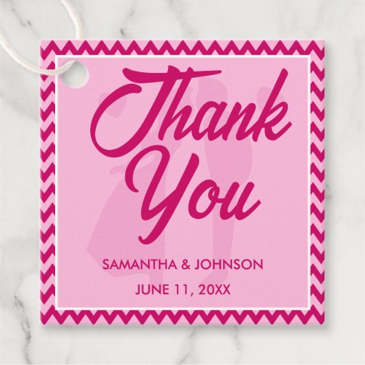 Moderne Roze Chevron Streep Bruiloft Bedankjes Labels (Voorkant)