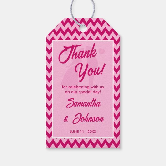 Moderne Roze Chevron Streep Bruiloft Bedankt Cadeaulabel (Voorkant)