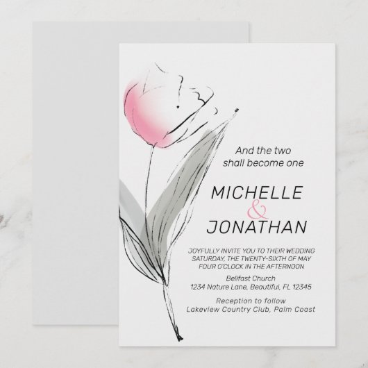 Moderne roze Christelijke bruiloft met grijze Tulp Kaart (Voorkant / Achterkant)