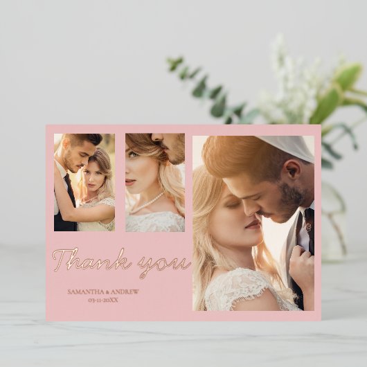 Moderne roze dank je 4 foto trouw uitnodiging (Staand Voorkant)