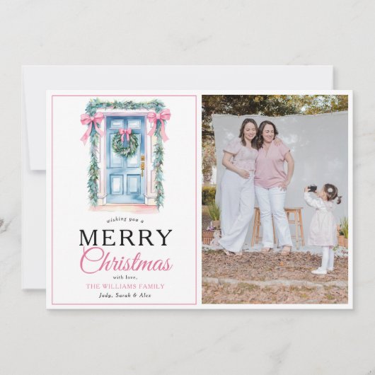 Moderne Roze Deur Vrolijke Kerstfoto Feestdagenkaart (Voorkant)