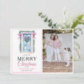 Moderne Roze Deur Vrolijke Kerstfoto Feestdagenkaart (Staand voorkant)