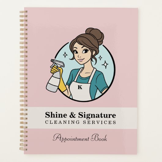 Moderne Roze Dienstmeid Logo Schoonmaakdiensten Planner (Voorkant)