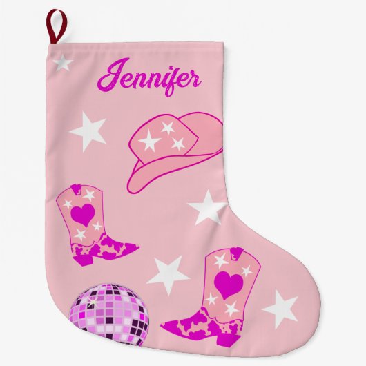 Moderne roze Disco Ball Cowgirl Pet Boots Grote Kerstsok (Voorkant)